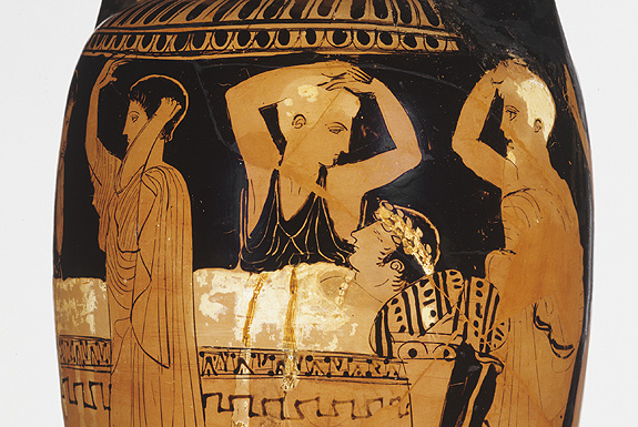 Bild: Gemeinsame Trauer um einen Verstorbenen. Rotfigurige Grabvase, um 440 v. Chr.