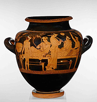 Picture: The ideal image of a well-behaved symposium. Attic red-figure wine-mixing vessel, clay, c. 430 BC, © Staatliche Antikensammlungen und Glyptothek München, Renate Kühling